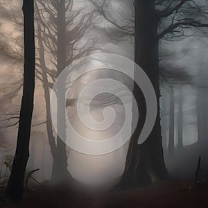 Haunted forest, Spooky forest shrouded in mist with gnarled trees and glowing eyes peering from the shadows3