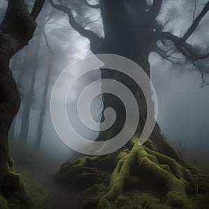 Haunted forest, Spooky forest shrouded in mist with gnarled trees and glowing eyes peering from the shadows5