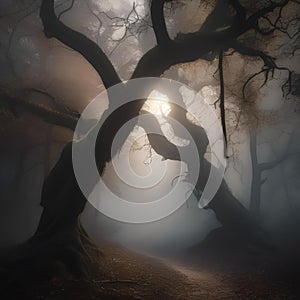 Haunted forest, Spooky forest shrouded in mist with gnarled trees and glowing eyes peering from the shadows5