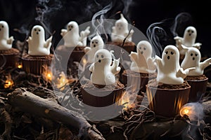 A haunted forest-themed dessert with chocolate tree stump cupcakes and marshmallow ghosts.GenerativeAI.