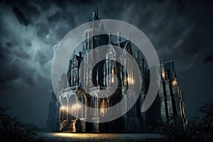 Haunted Gothic castle at night, old citadel on dramatic sky background, generative AI