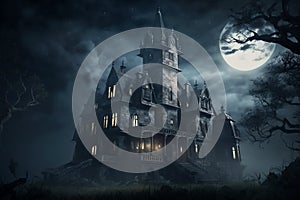 Haunted Gothic castle at night, old spooky mansion un full moon, generative AI