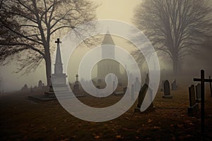 haunted graveyard with eerie fog