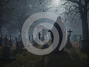 A haunted graveyard for Halloween spooky background concept