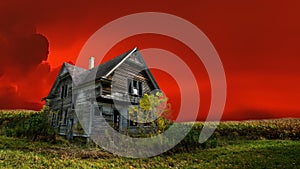 Haunted halloween house, scary home, red sky