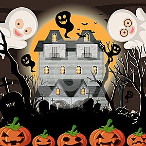 Haunted halloween mansion at night
