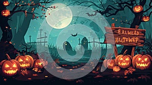 Haunted Halloween Scene: Graveyard, Pumpkins, Skeletons & Sign Board in Spooky Forest at Night
