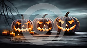 Haunted Harvest Trio Three Spooky Halloween Pumpkins with Evil Faces on Wooden Bench, Table, and Misty Gray Coastal Night