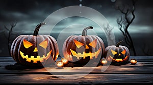 Haunted Harvest Trio Three Spooky Halloween Pumpkins with Evil Faces on Wooden Bench, Table, and Misty Gray Coastal Night