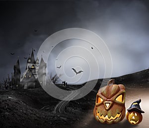 Haunted Hause with pumpkins the road ,dark scary cemetery smoke light gray on a black background Halloween horror concept