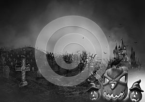 Haunted Hause with pumpkins the road ,dark scary cemetery smoke light gray on a black background Halloween horror concept