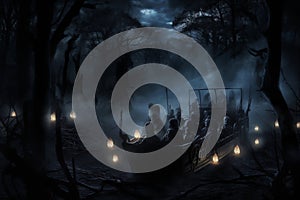 Haunted hayride ghostly figures through night forest. Generative AI