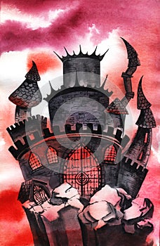 Haunted Horror Castle. Black scary palace. Witch`s house. Red crimson skies. Castle for Halloween on the cliff. Hand drawn