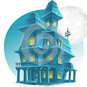 Haunted house on a background of the moon