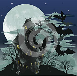 Haunted house and bats illustration