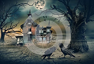 Haunted House with Crows and Horror Scene.