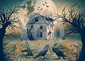 Haunted House with Crows and Horror Scene.