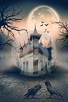 Haunted House with Crows and Horror Scene.