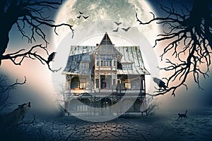 Haunted House with Crows and Spooky Atmosphere.