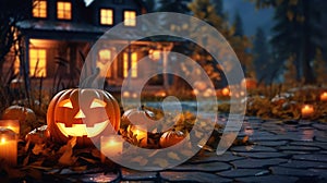 Haunted house decorated with spooky jack o\'lantern carved pumkins and candles, very creepy place for trick or treating on
