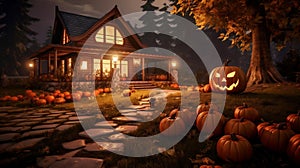 Haunted house decorated with spooky jack o\'lantern carved pumkins and maple tree, very creepy place for trick or treating on