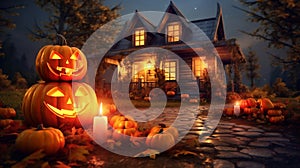 Haunted house decorated with spooky jack o\'lantern carved pumkins, place for trick or treating on Halloween nigh
