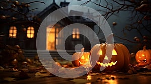 Haunted house decorated with spooky jack o\'lantern carved pumkins, place for trick or treating on Halloween night.