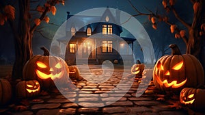 Haunted house decorated with spooky jack o\'lantern carved pumkins and scarry tree.