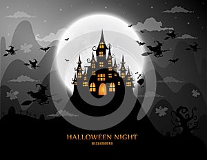 haunted house and full moon with witch and ghost,Halloween night background.