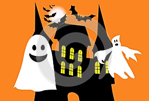 Haunted house and ghost on orange background. Halloween concept