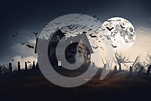 haunted house with ghosts and bats flying around it halloween scene