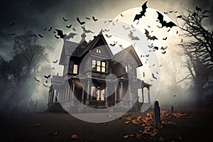 haunted house with ghosts and bats flying around it halloween scene