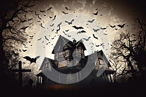 haunted house with ghosts and bats flying around it halloween scene