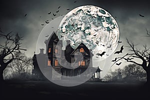 haunted house with ghosts and bats flying around it halloween scene