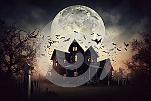 haunted house with ghosts and bats flying around it halloween scene