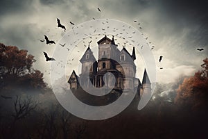 haunted house with ghosts and bats flying around it halloween scene