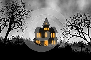 Haunted house and graveyard on the hill graphic design for Halloween