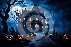 Haunted House with Graveyard and Jack o Lanterns photo