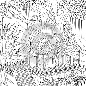 Haunted house in the jungle,  Happy Halloween Theme for printing ,coloring book, laser cut and so on. Vector illustration