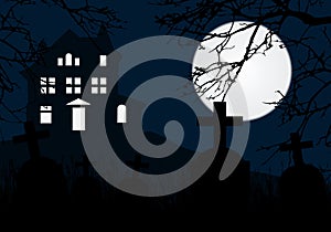 A haunted house on a hill above a graveyard with tombstones, horror blue sky and full moon and dead branches of a tree - for Hall