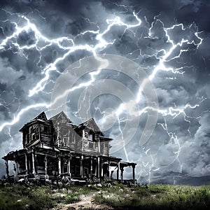 Haunted house on hill with dramatic sky and lightning bolts
