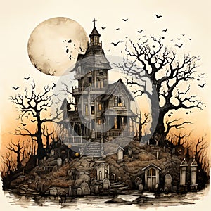 haunted house on a hill overloking graveyard