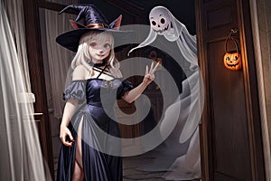 haunted house inhabited by a ghostly dog, welcoming trick-or-treaters on Halloween AI Generated