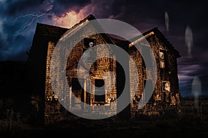 Haunted House with Lightning and Ghosts