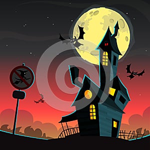 Haunted house on night background with a full moon behind. Vector Halloween background