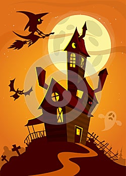 Haunted house on night background with a full moon behind. Vector Halloween background