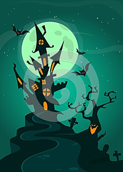 Haunted house on night background with a full moon behind. Vector Halloween background.