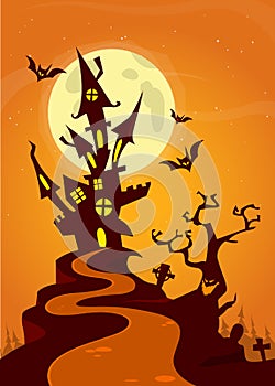 Haunted house on night background with a full moon behind. Vector Halloween background