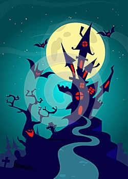 Haunted house on night background with a full moon behind. Vector Halloween background template