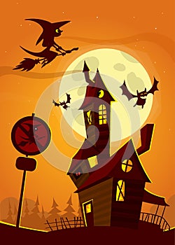 Haunted house on night background with a full moon behind - Vector Halloween illustration